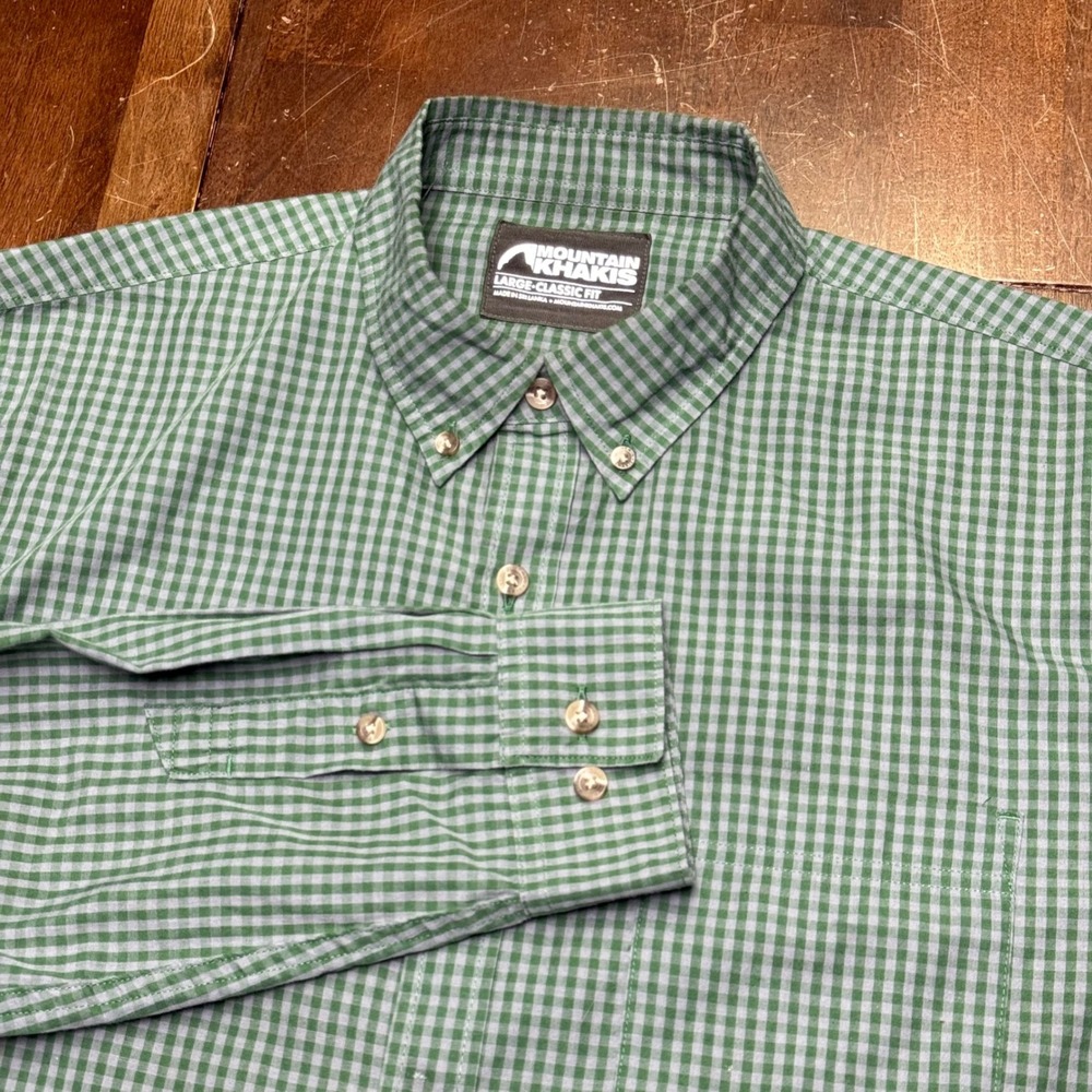 Mountain Khakis Woven Shirt Men Large Green Gingham Check Sutton Classic Fit LS